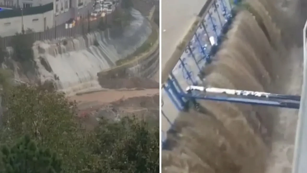 Ayazağa'da istinat duvarından taşan su, yağışın şiddetini gösterdi