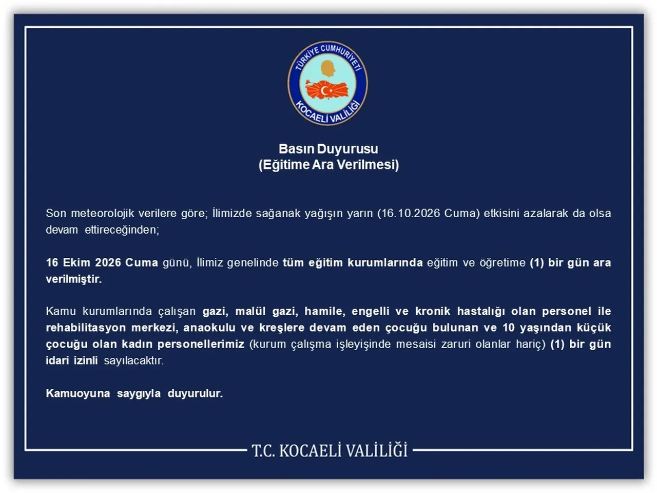 16 Ekim Kocaeli okullar tatil mi? Yarın neden okullar tatil?