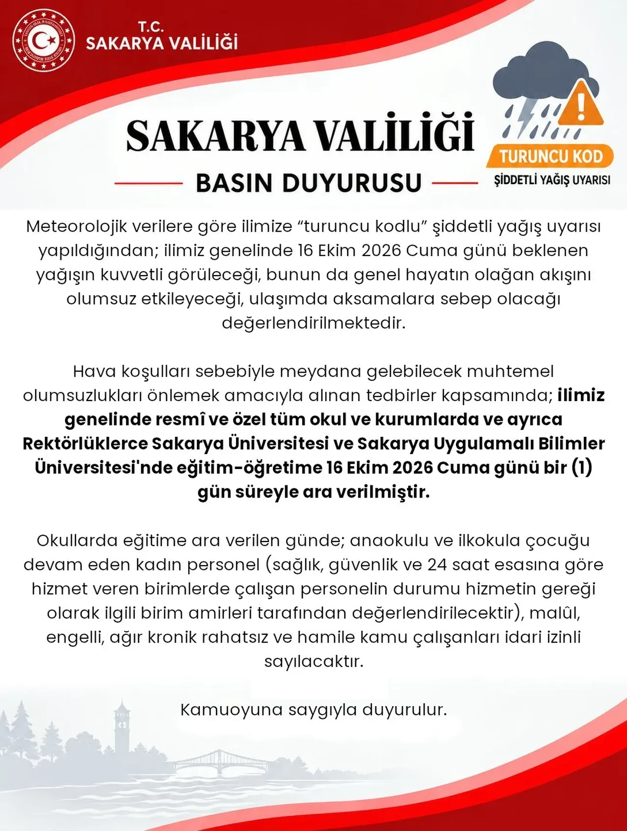 16 Ekim Sakarya okullar tatil mi, memurlar idari izinli mi, üniversiteler tatil mi? Yarın okullar tatil mi?