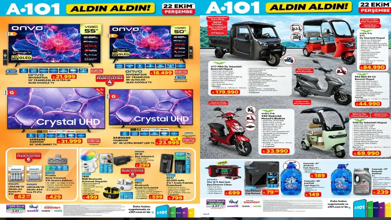 22 Ekim A101 aktüel kataloğu 2026 yayımlandı: 65 İnç televizyon, powerbank, şarj adaptörü ve moped geliyor