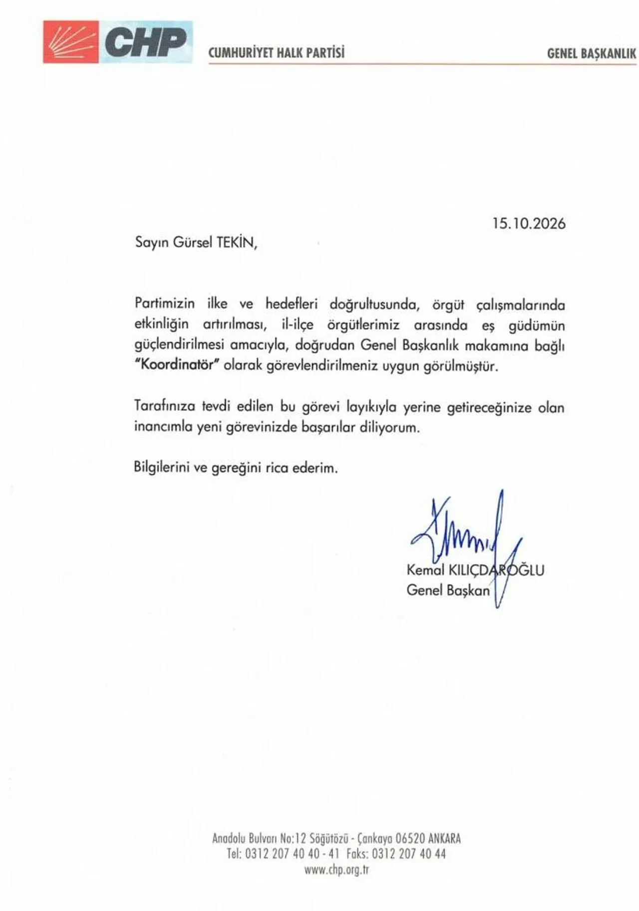 Gürsel Tekin'in CHP'deki yeni görevi belli oldu