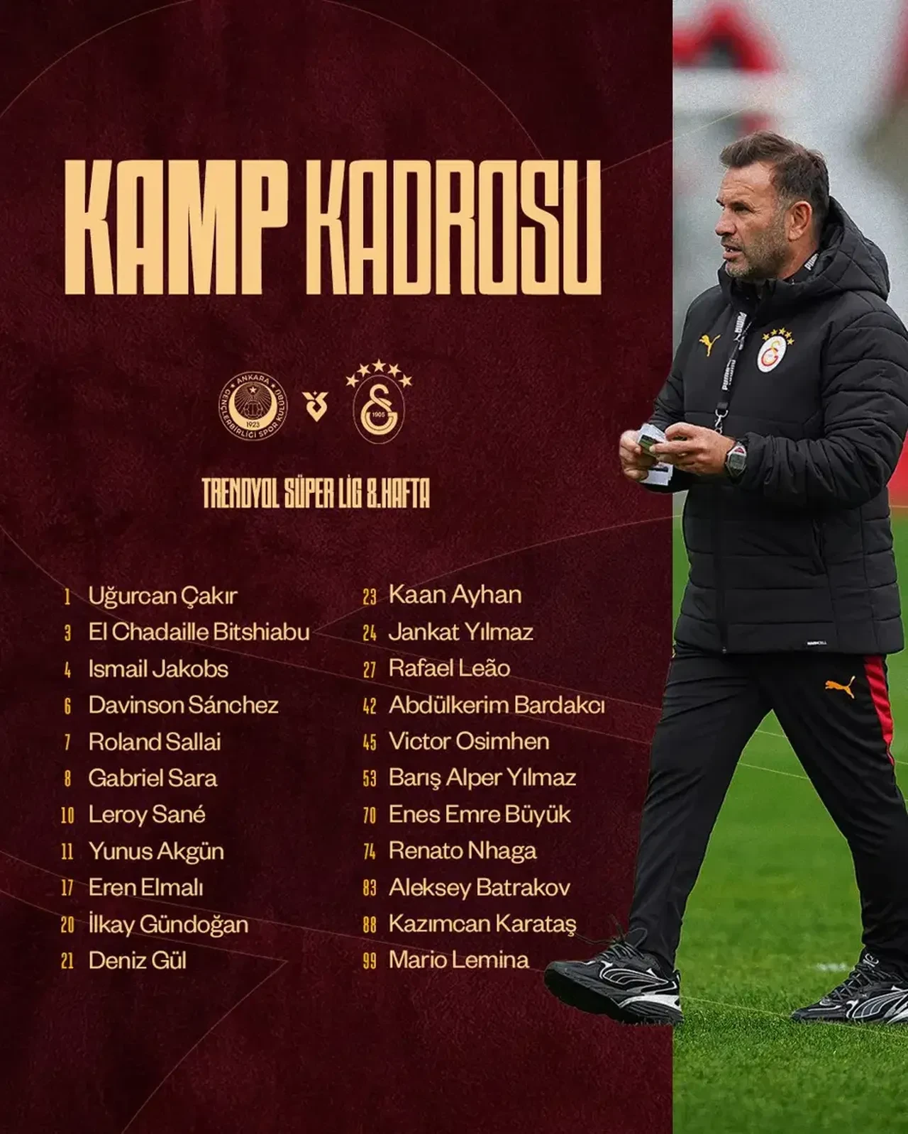 Galatasaray'ın Gençlerbirliği maçı kamp kadrosu açıklandı! Ankara kafilesinde 4 eksik