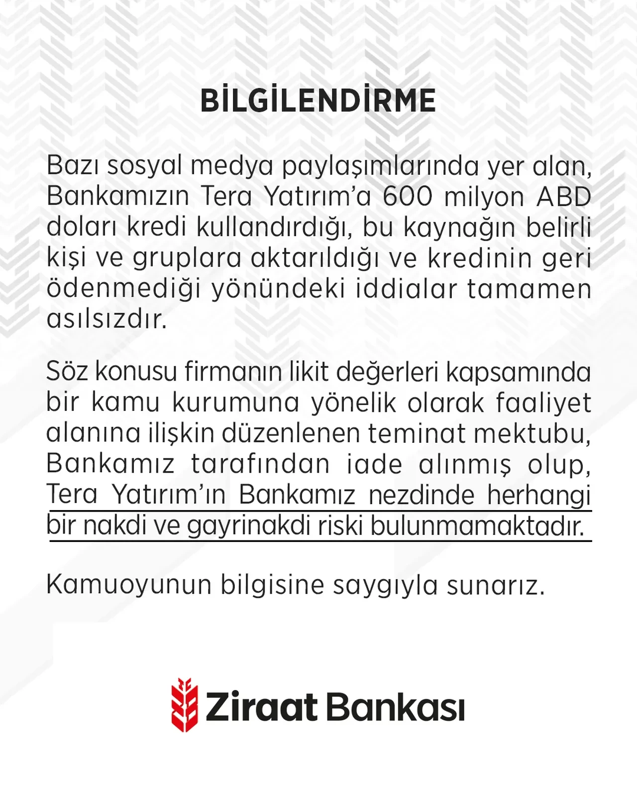 Ziraat Bankası, 'Tera Yatırım’a 600 milyon dolar kredi' iddiasını yalanladı