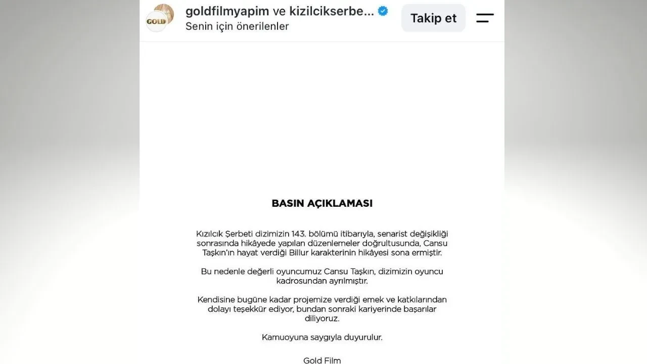 Kızılcık Şerbeti yapımcılarından Cansu Taşkın açıklaması! Senaryoya uymadı