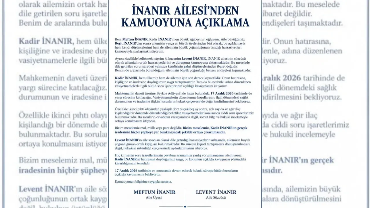 Kadir İnanır'ın vasiyetinde Levent İnanır ve Meftun İnanır'dan ortak açıklama: “Meselemiz mal, mülk değil”