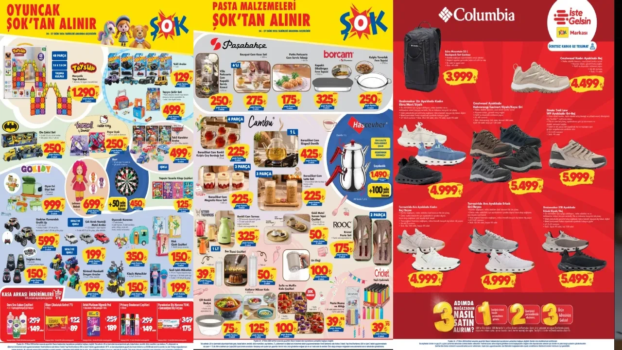 ŞOK 24-27 Ekim aktüel ürünler market afişi 2026: Çaydanlık, pasta seti, cam termos, sırt çantası, ayakkabı çeşitleri geliyor