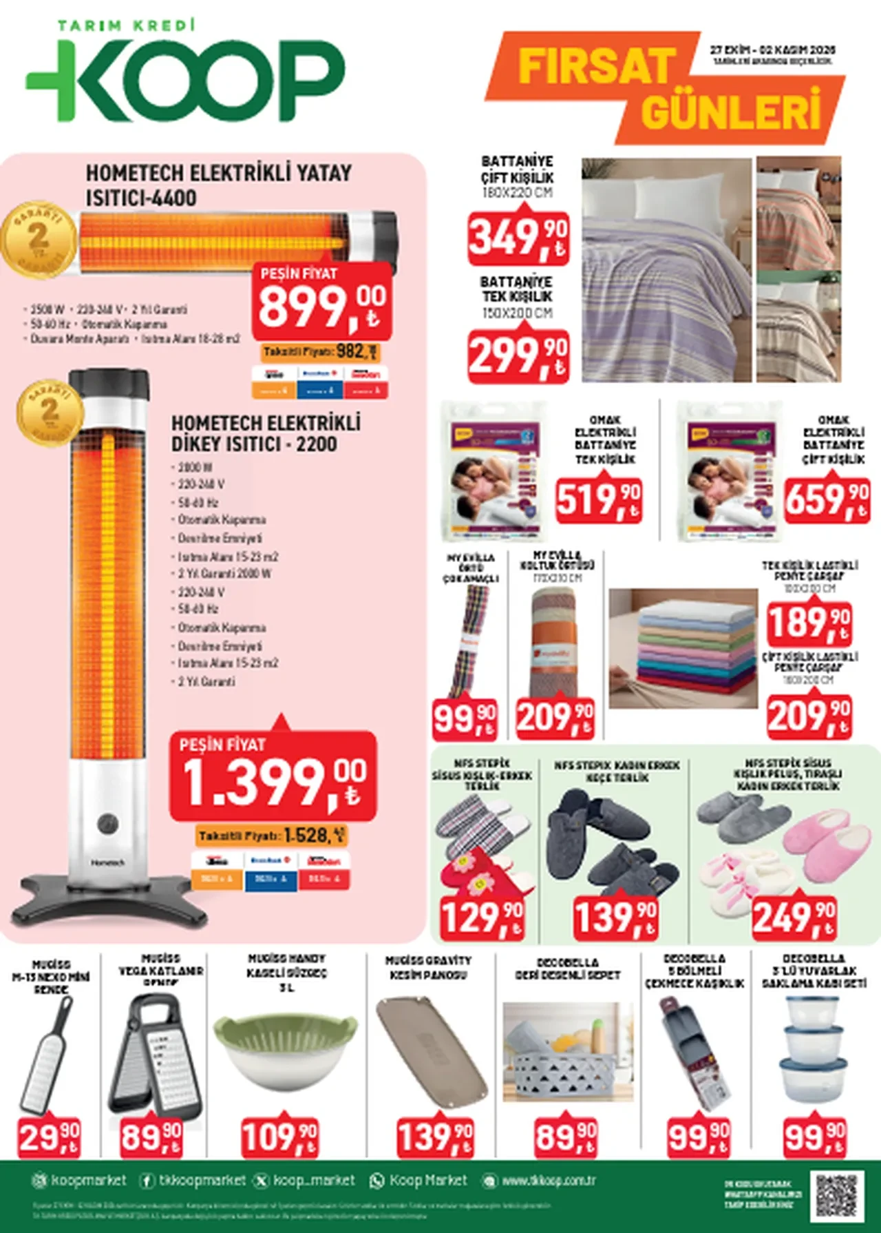 Tarım Kredi Kooperatif Marketleri 27 Ekim-2 Kasım kataloğu! Elektrikli ısıtıcı, elektrikli battaniye, lastikli çarşaf geliyor...