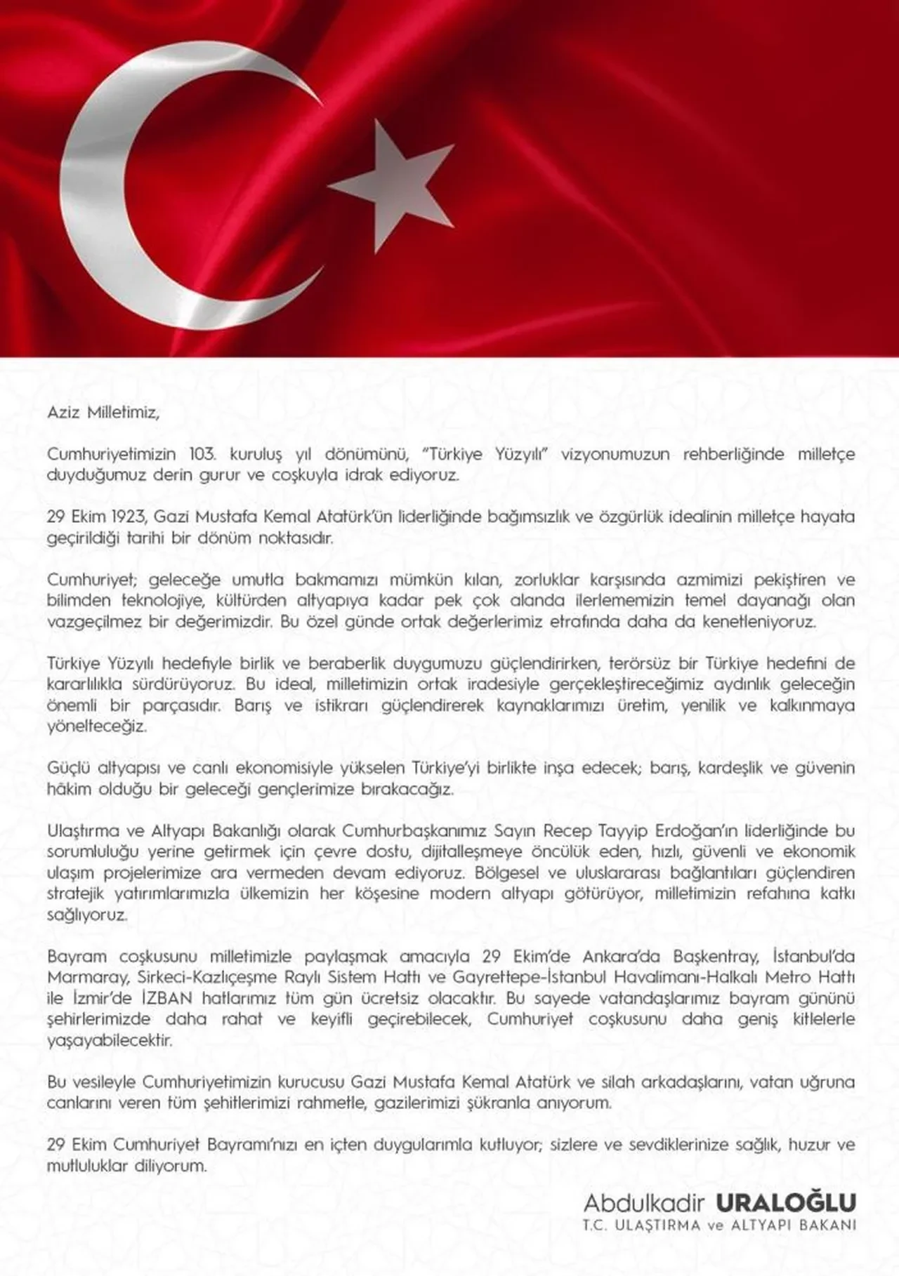 Bakan Uraloğlu duyurdu! 29 Ekim’de toplu taşıma ücretsiz: Ankara, İstanbul ve İzmir’de kapsama giren hatlar netleşti