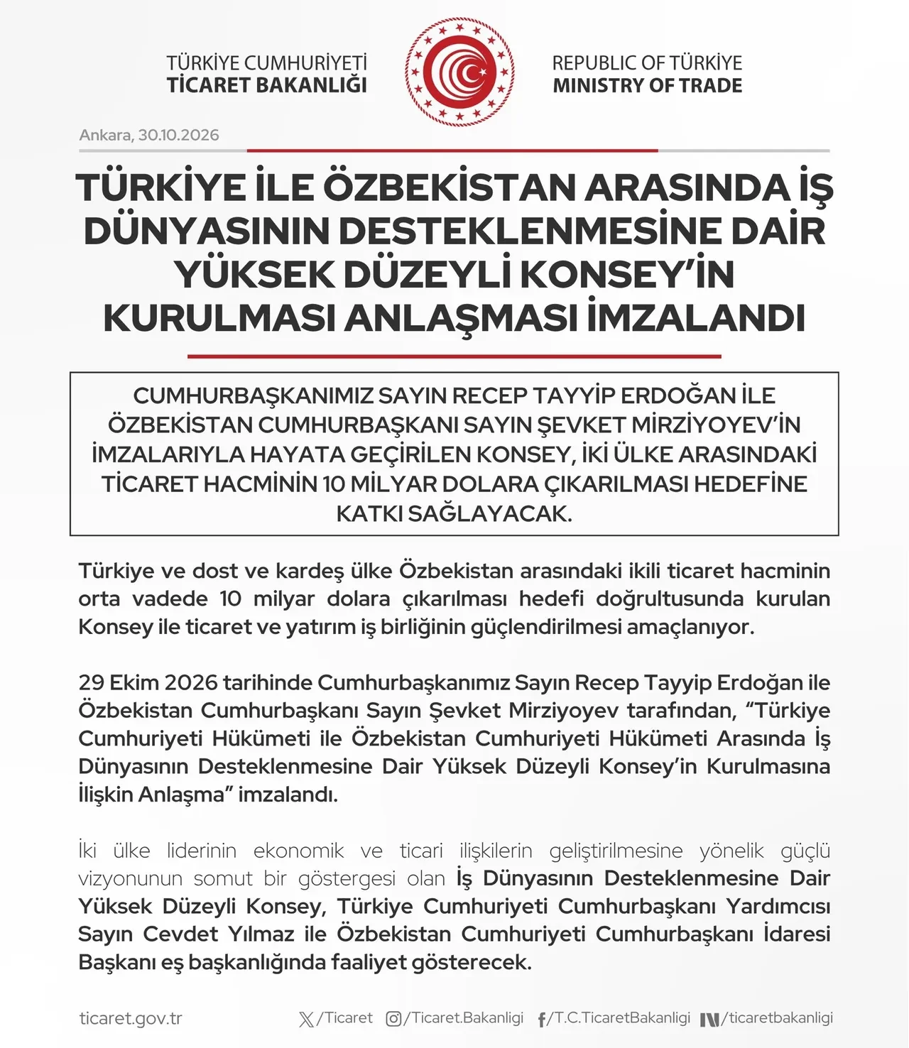 Türkiye ve Özbekistan arasında yüksek düzeyli konsey kuruldu