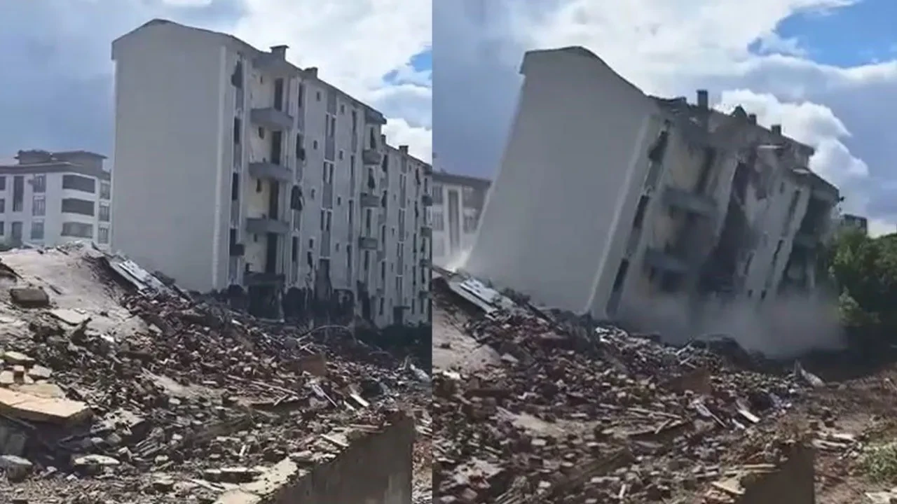 Elazığ'da korkutan anlar: İş makinesinin tek bir dokunuşuyla 5 katlı bina yerle bir oldu