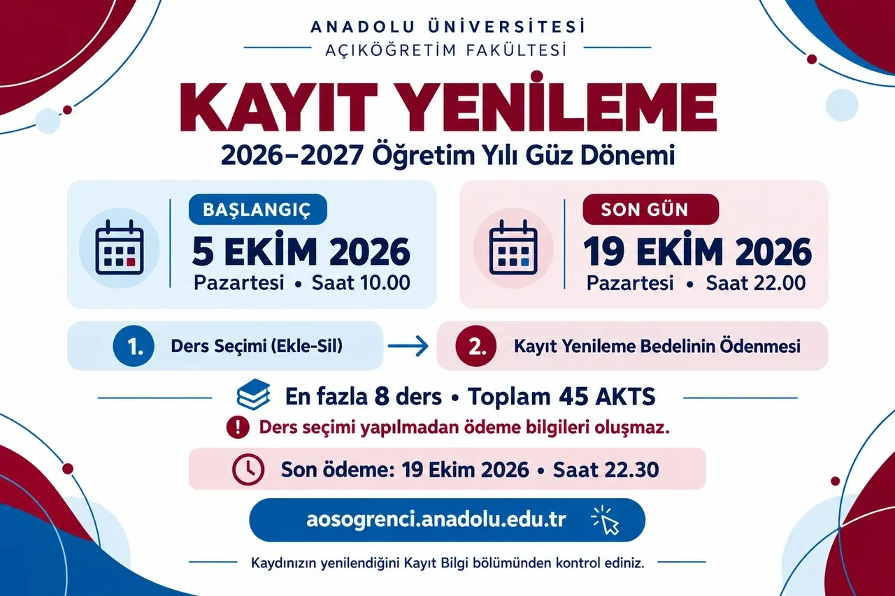 AÖF kayıt yenileme 2026! Anadolu Üniversitesi güz dönemi kayıt yenileme nasıl yapılır, ücreti ne kadar?