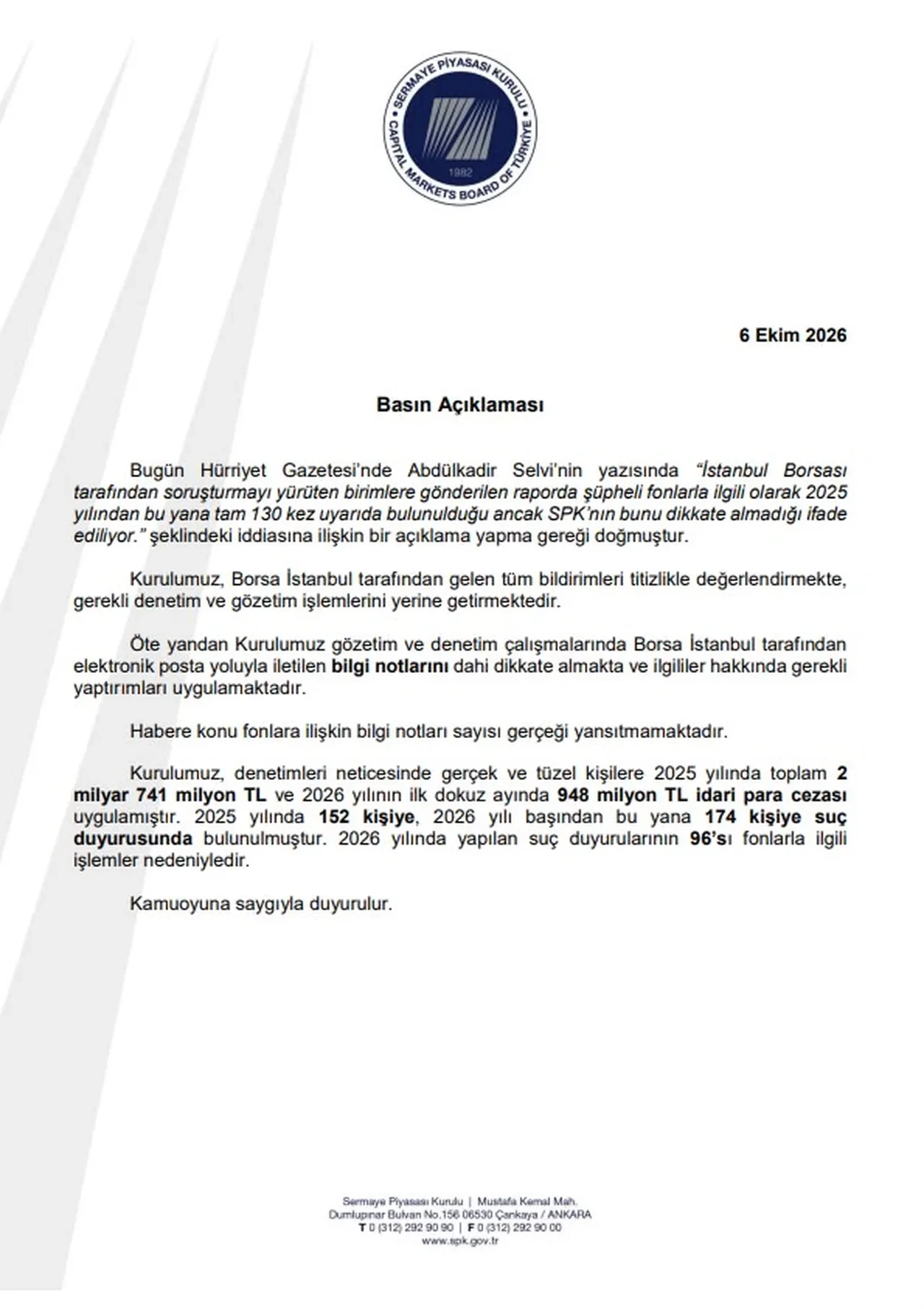 SPK'dan fonlarla ilgili '130 kez uyarı' iddiasına ilişkin açıklama!