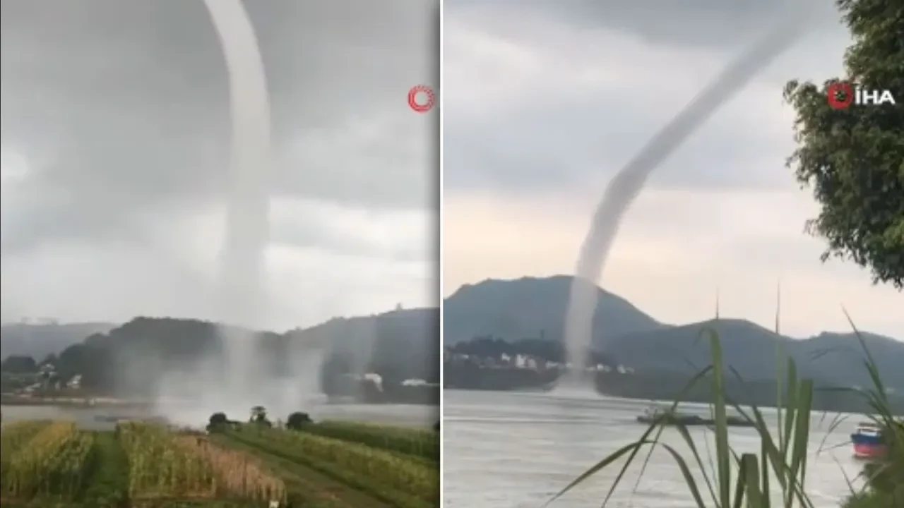 Nehirde 60 metre uzunluğunda 'nadir görülen olay!' Çin'de dev hortum