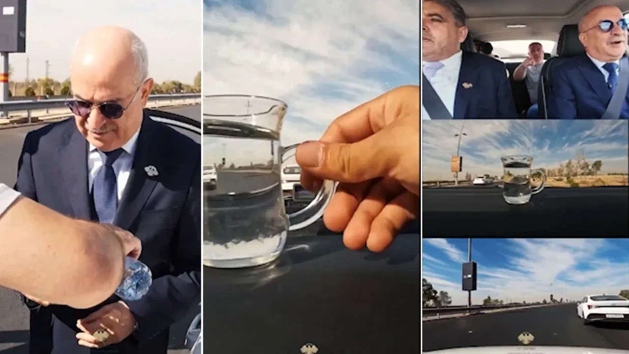 Suriye Ulaştırma Bakanı Bedir yolun pürüzsüzlüğünü su testiyle kanıtladı