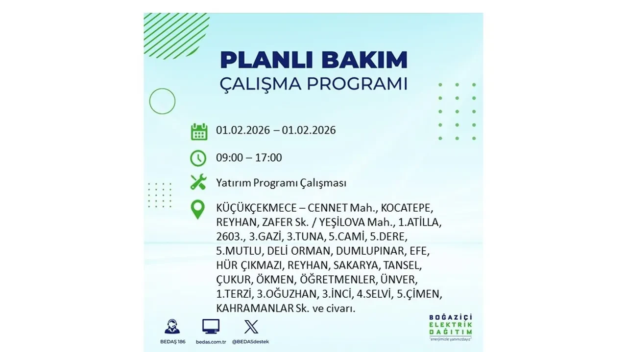 İstanbul elektrik kesintileri 1 Şubat duyurusu! 10 ilçede elektrikler saatlerce gelmeyecek