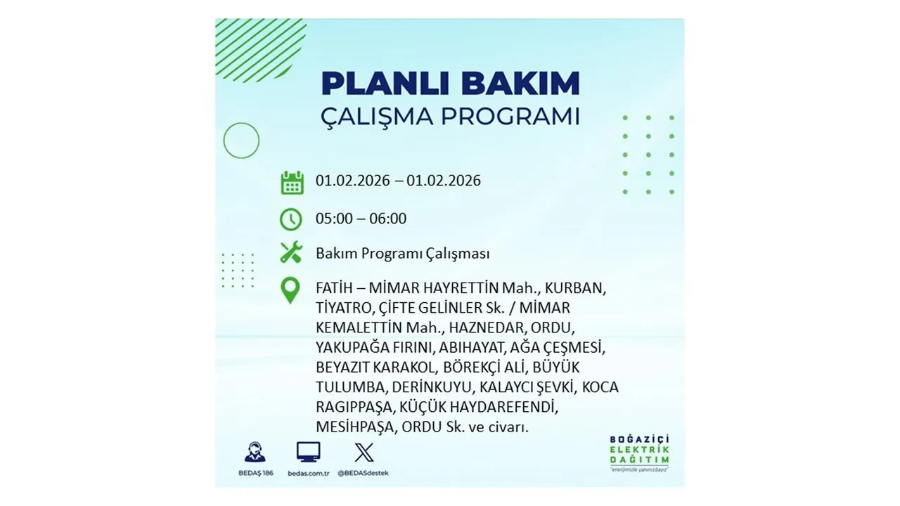 İstanbul elektrik kesintileri 1 Şubat duyurusu! 10 ilçede elektrikler saatlerce gelmeyecek