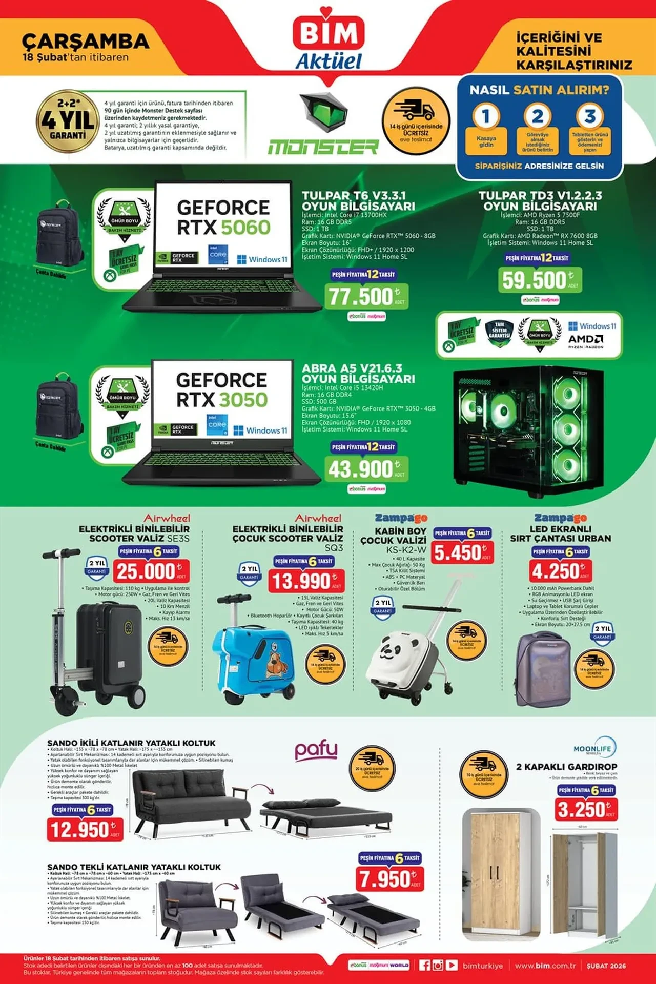 BİM 13-18 Şubat aktüel kataloğunda çeşit çeşit ürün var! 5060 ekran kartlı laptop, elektrikli binilebilir scooter valiz geliyor