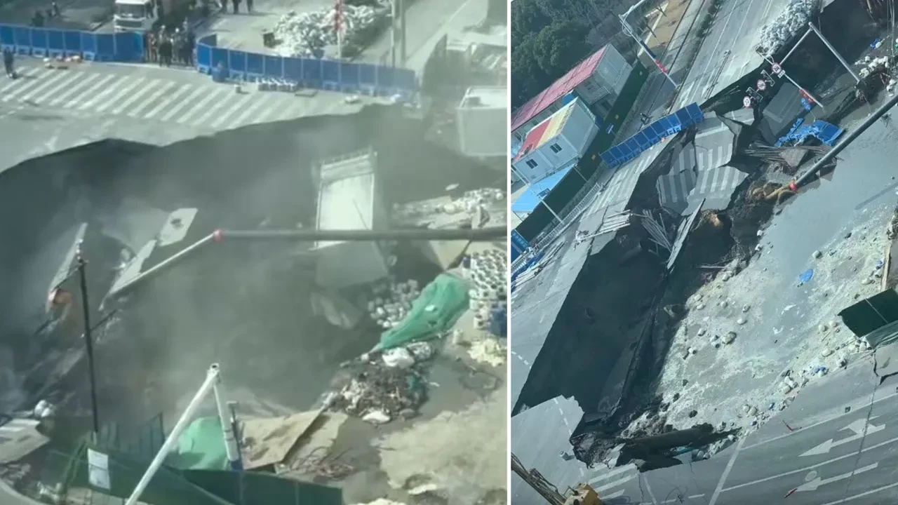 Çin'de metro inşaatında yol çöktü! Devasa obruk önüne çıkan her şeyi yuttu