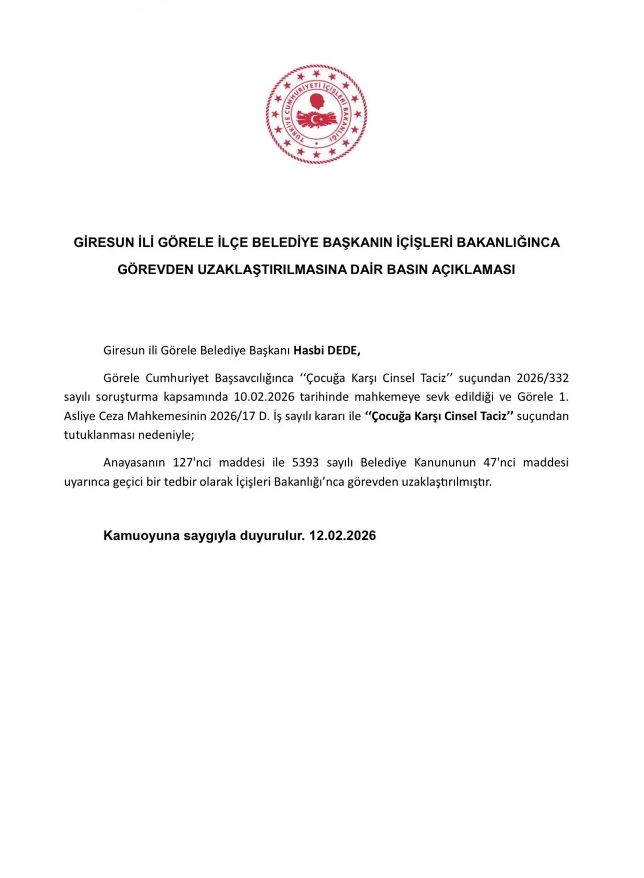 Taciz mesajları ortaya çıkmıştı! Görele Belediye Başkanı Hasbi Dede görevden uzaklaştırıldı