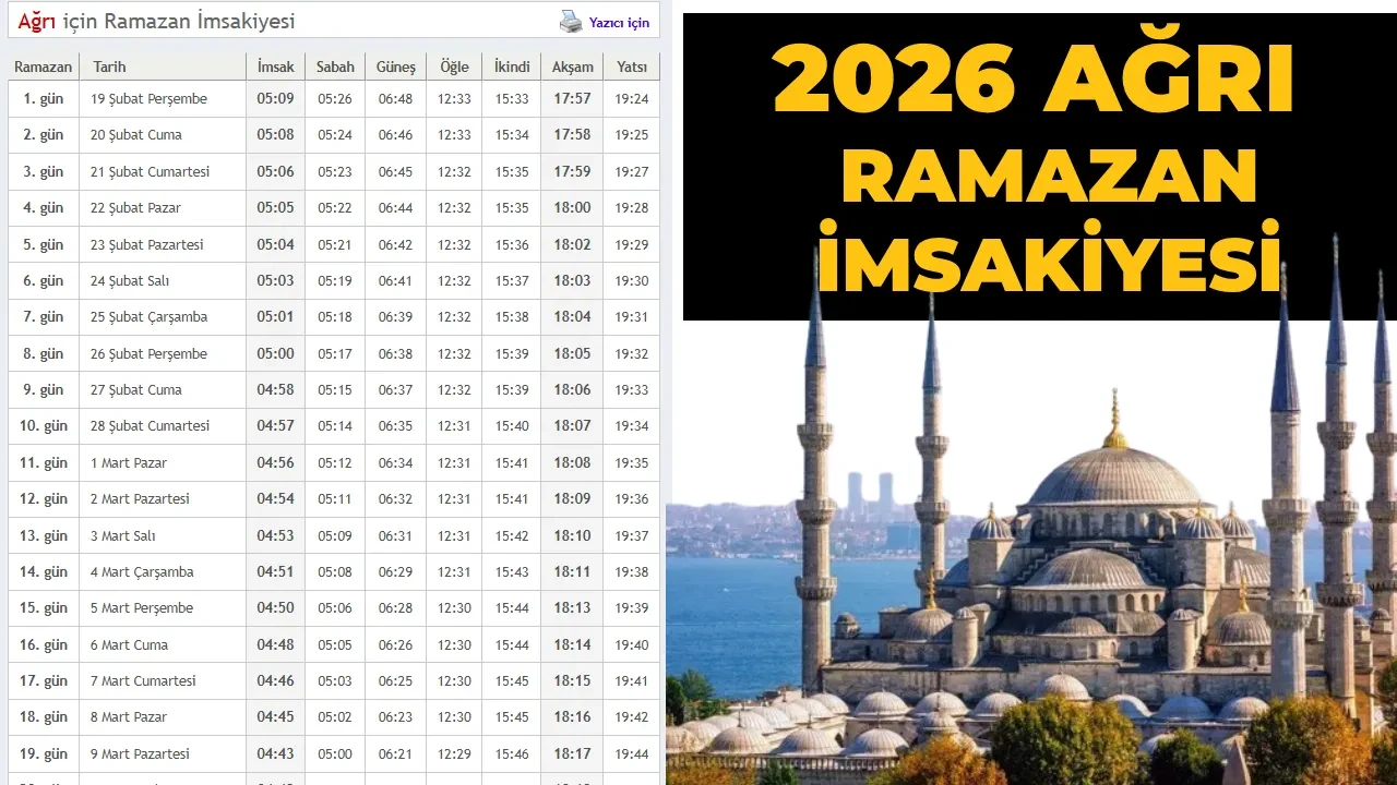 Ağrı ilk sahur ve iftar vakitleri! Ağrı 2026 Ramazan İmsakiyesi ( Ağrı ilçe ilçe iftar vakitleri)