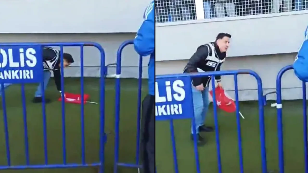 Türk polisinden yürekleri ısıtan hareket! Maç sırasında düşen bayrağı yerde bırakmadı