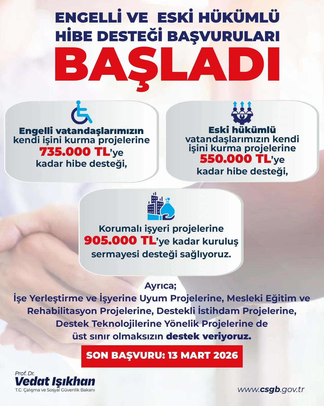 Engelli ve eski hükümlülere 735 bin TL hibe! Başvurular başladı! İşte son tarih