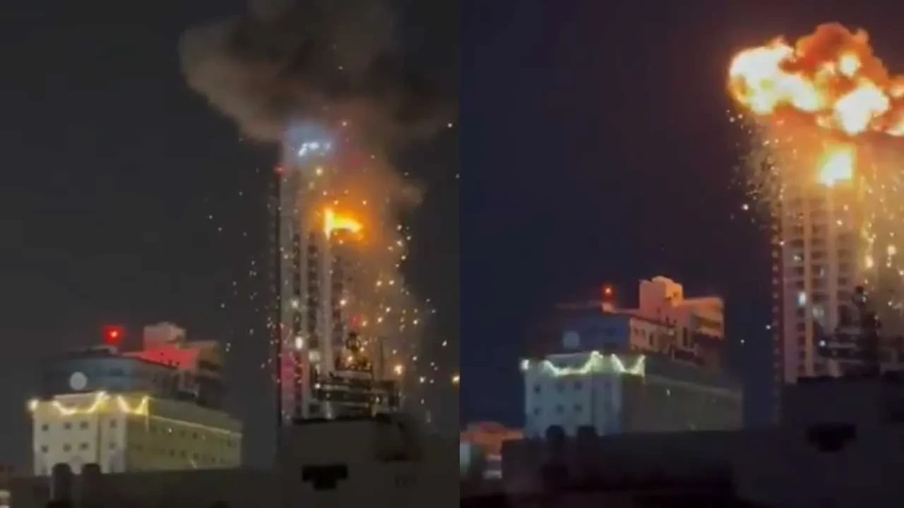 İran Bahreyn'de bir gökdeleni vurdu: Saniye saniye kameralara yansıdı