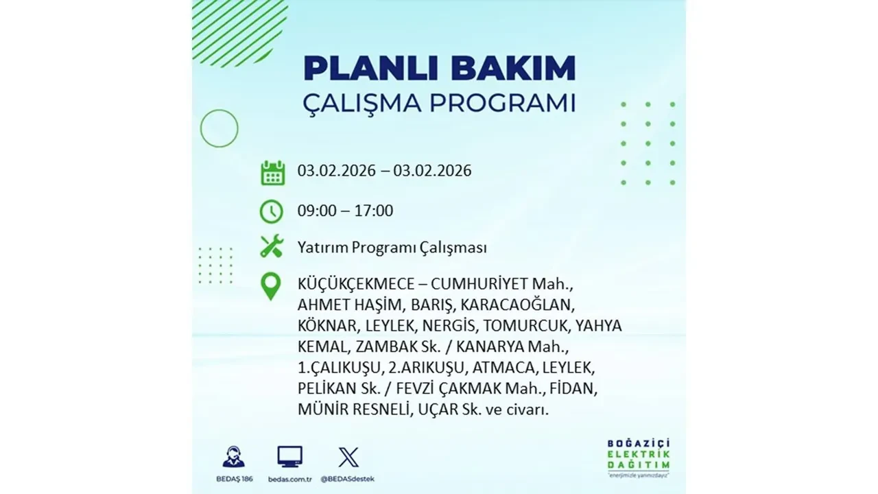 İstanbul’da büyük çaplı elektrik kesintisi! 3 Şubat’ta 25 ilçede elektrikler kesilecek, saatlerce gelmeyecek