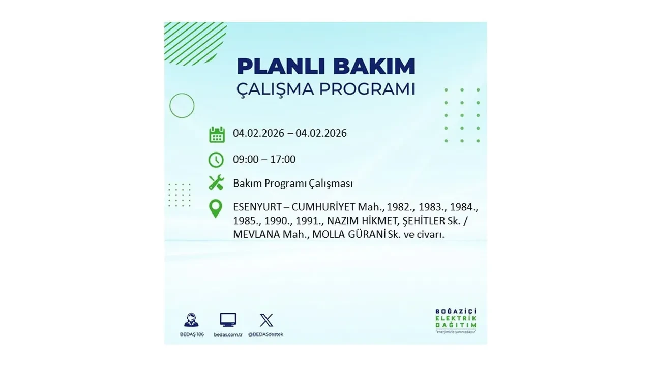 İstanbul 4 Şubat elektrik kesintileri sorgulama ekranı açıldı! Kent genelinde 23 ilçede elektrikler kesilecek! BEDAŞ mahalle mahalle listeledi