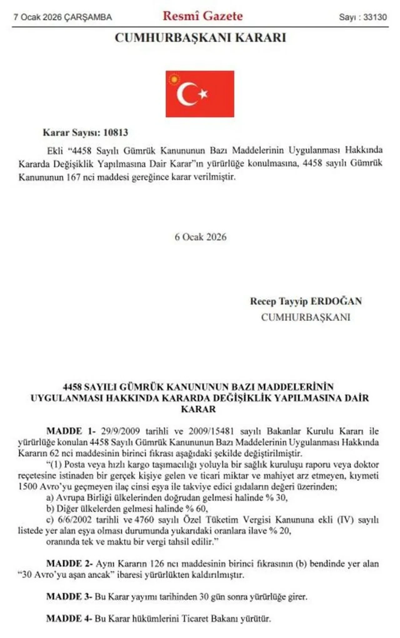 Resmi Gazete'de yayımlandı! Gümrük muafiyeti uygulamasına son
