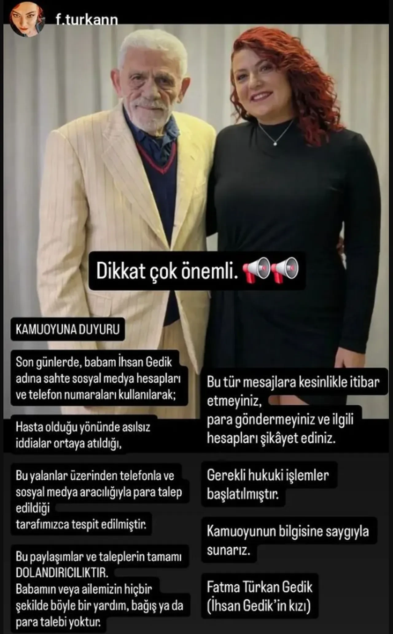 Yeşilçam oyuncusu İhsan Gedik'in kızından uyarı: Bu tür mesajlara itibar etmeyiniz 