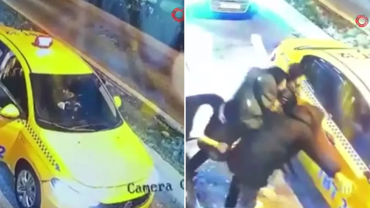 Taksiye 5 kişi binmeye çalıştılar alınmayınca deliye döndüler! Darp anları kamerada