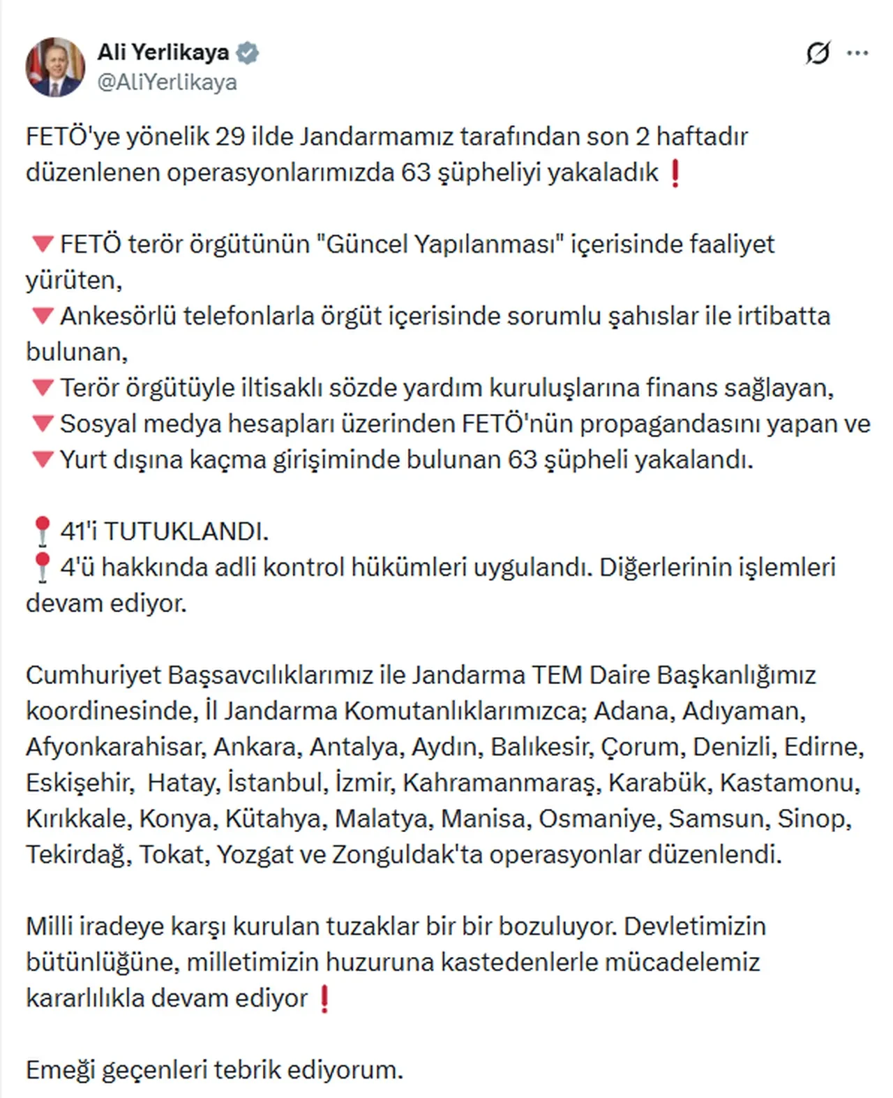 Bakan Yerlikaya duyurdu! 29 ilde FETÖ operasyonu: 63 gözaltı, 41 tutuklama!