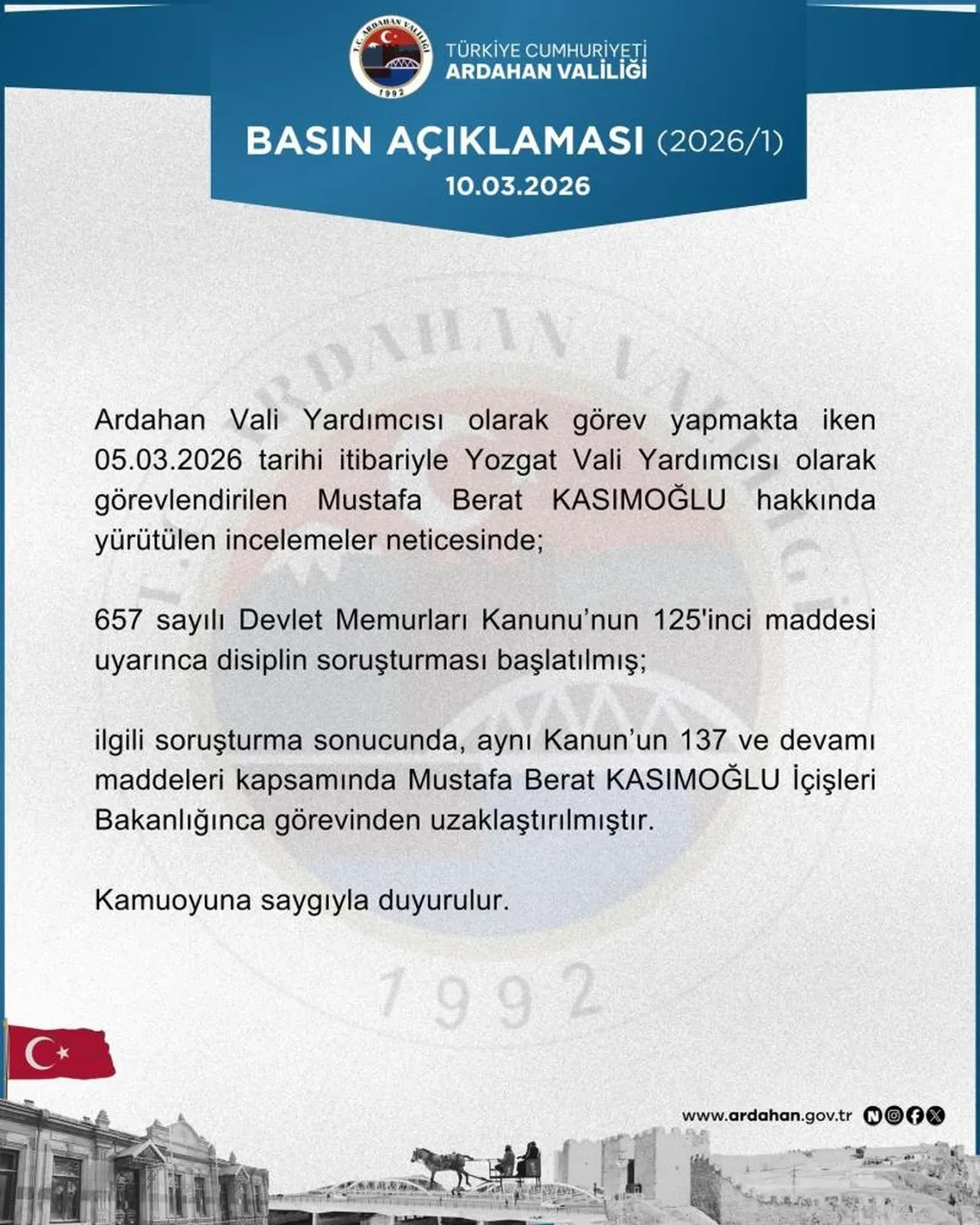 Ardahan Vali Yardımcısı Mustafa Berat Kasımoğlu görevden uzaklaştırıldı
