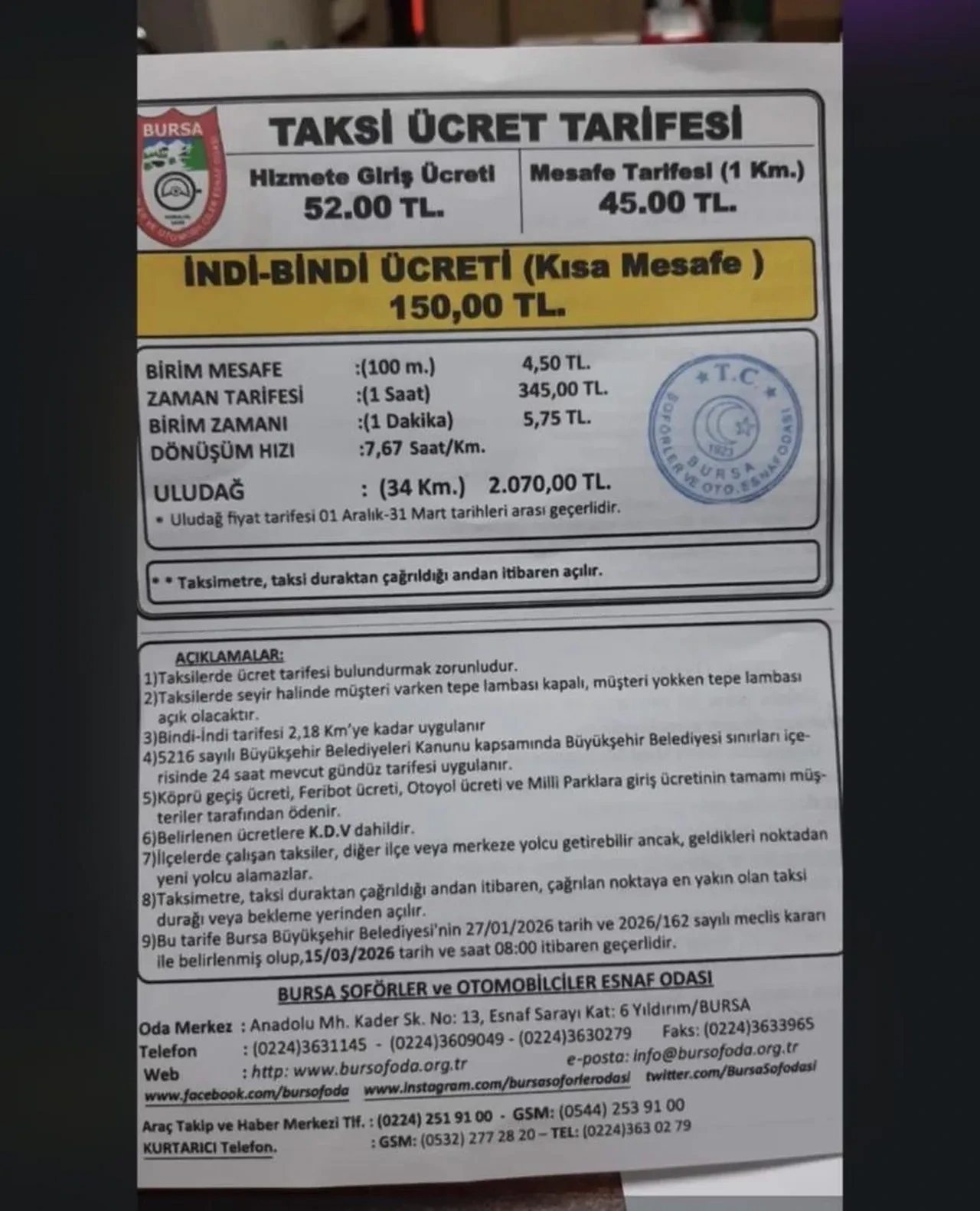 Bursa'da taksi ücretlerine zam geldi