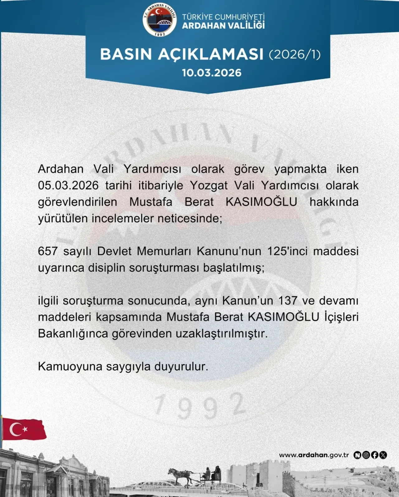 Mustafa Berat Kasımoğlu kimdir? Ardahan Vali Yardımcısı olarak görev yapıyordu