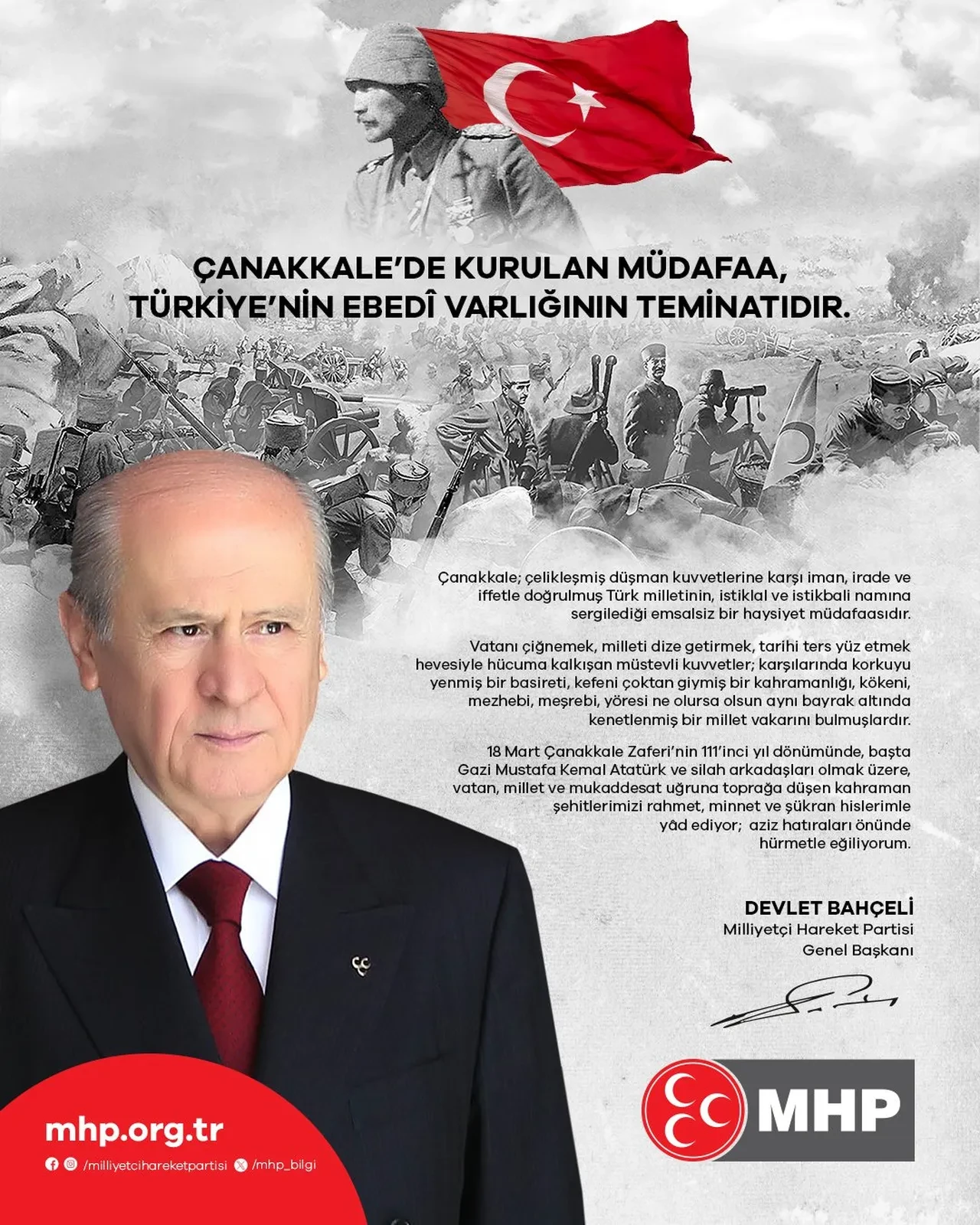 Devlet Bahçeli'den 18 Mart mesajı: Çanakkale Türkiye'nin ebedi varlığının teminatıdır