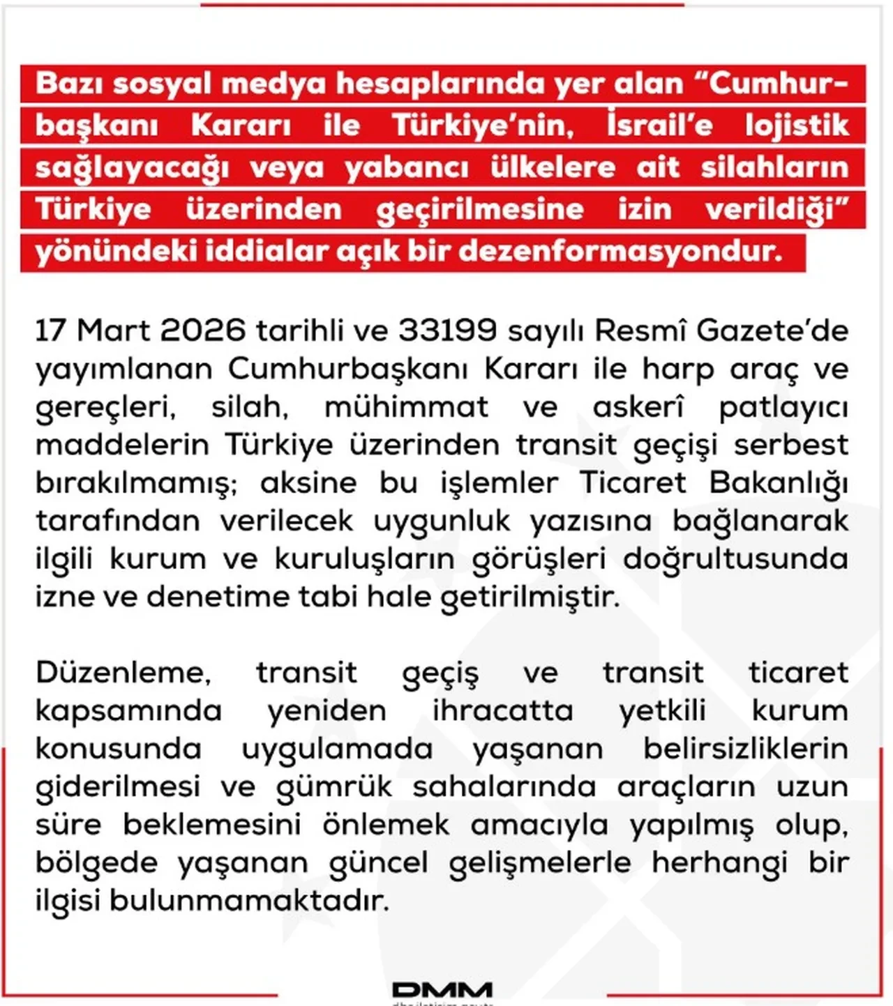 İsrail'e lojistik destek iddialarına DMM'den yalanlama