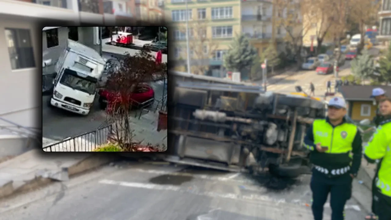 Yokuşta kontrolünü kaybetti, devrilen kamyonet otomobile çarptı: 1 yaralı