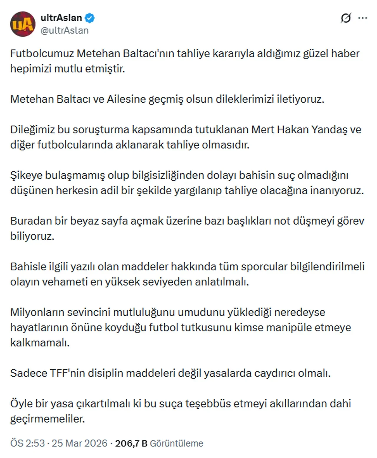 Metehan Baltacı tahliye edildi, ultrAslan'dan 'Mert Hakan Yandaş' çağrısı geldi: 'Akıllarından bile geçirmesinler'
