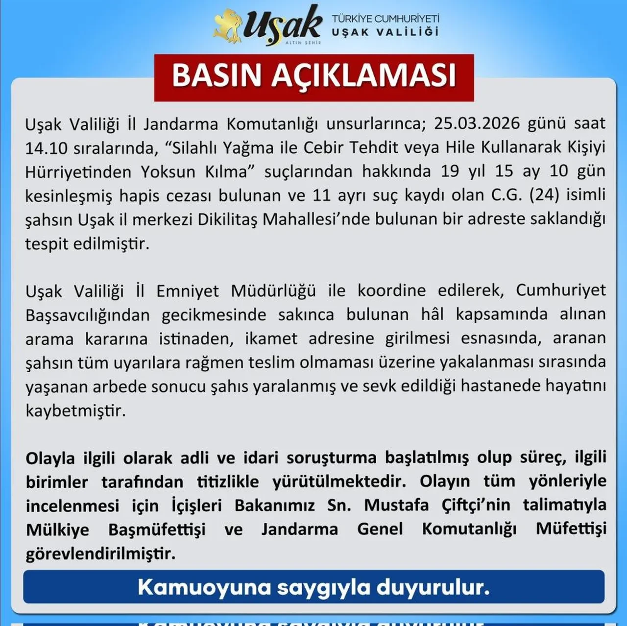 Firari hükümlünün ölümüyle ilgili Uşak Valiliği'nden açıklama geldi
