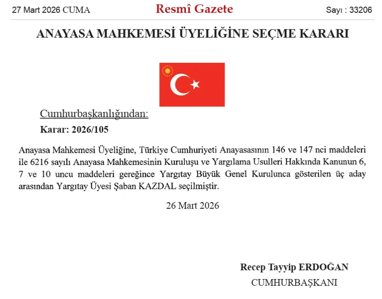 Yargıtay Üyesi Şaban Kazdal, AYM üyeliğine seçildi