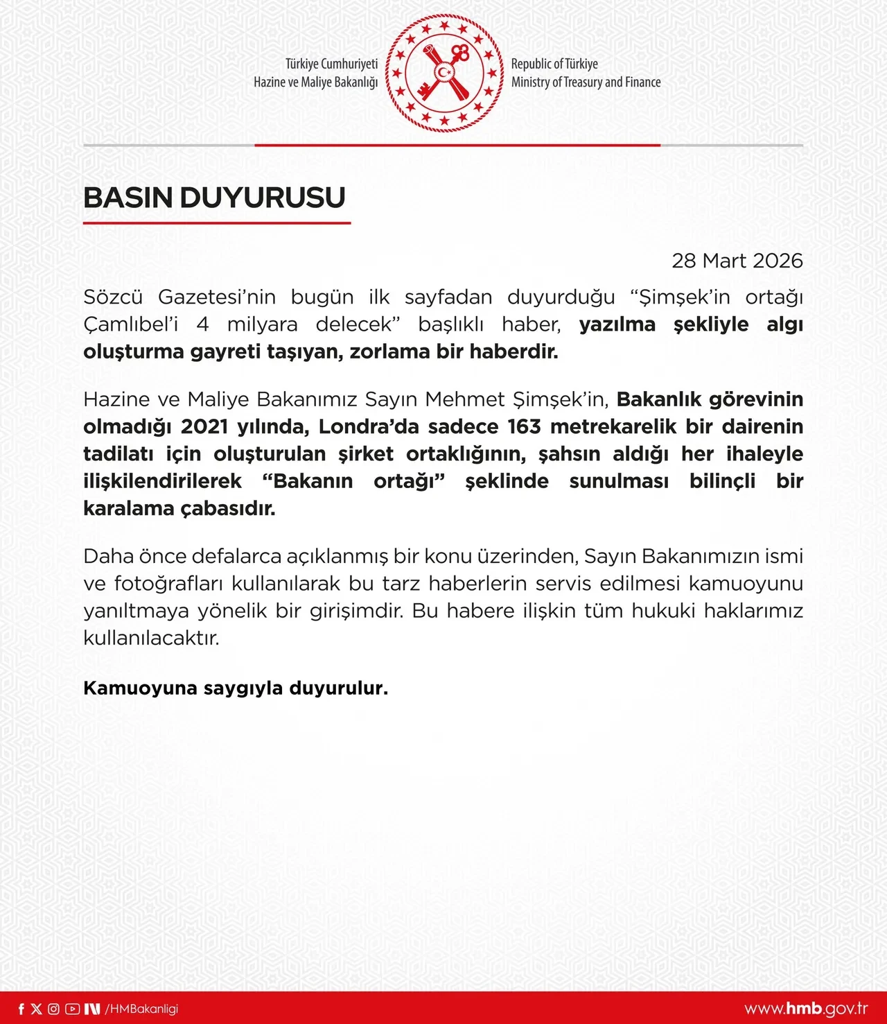 Bakanlıktan Mehmet Şimşek ile ilgili çıkan habere yalanlama