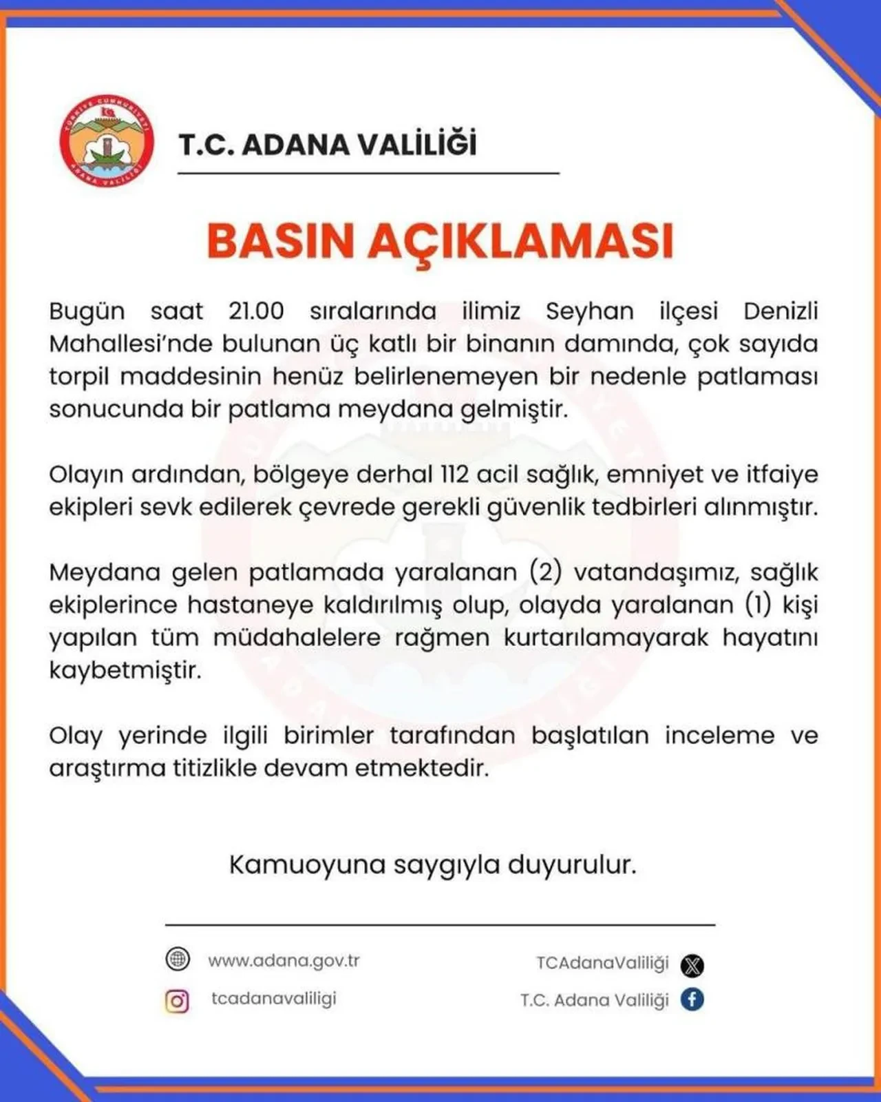 Adana’da müstakil evde şiddetli patlama: Valilikten açıklama geldi