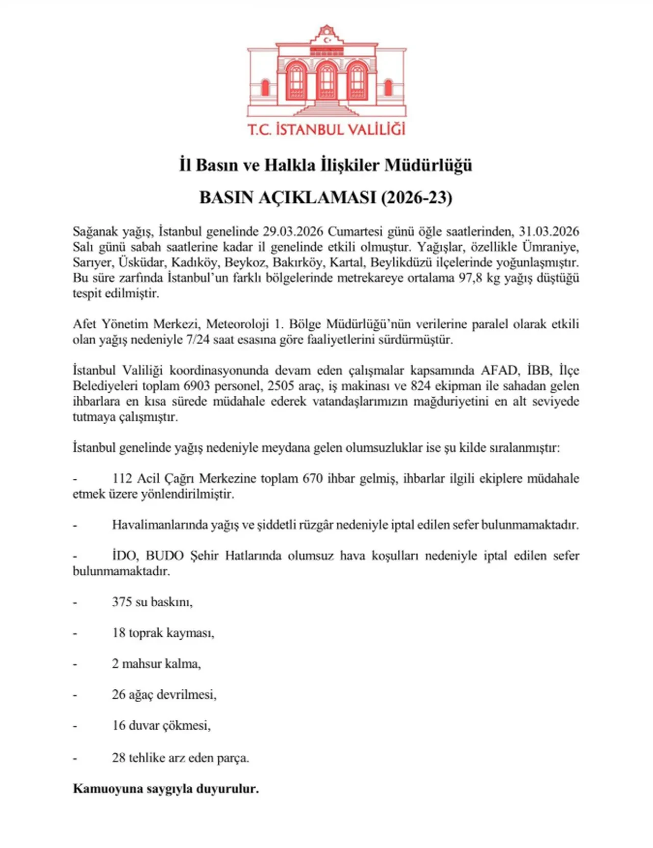 İstanbul Valiliği’nden basın açıklaması: Metrekareye 97,8 kg yağış düştü