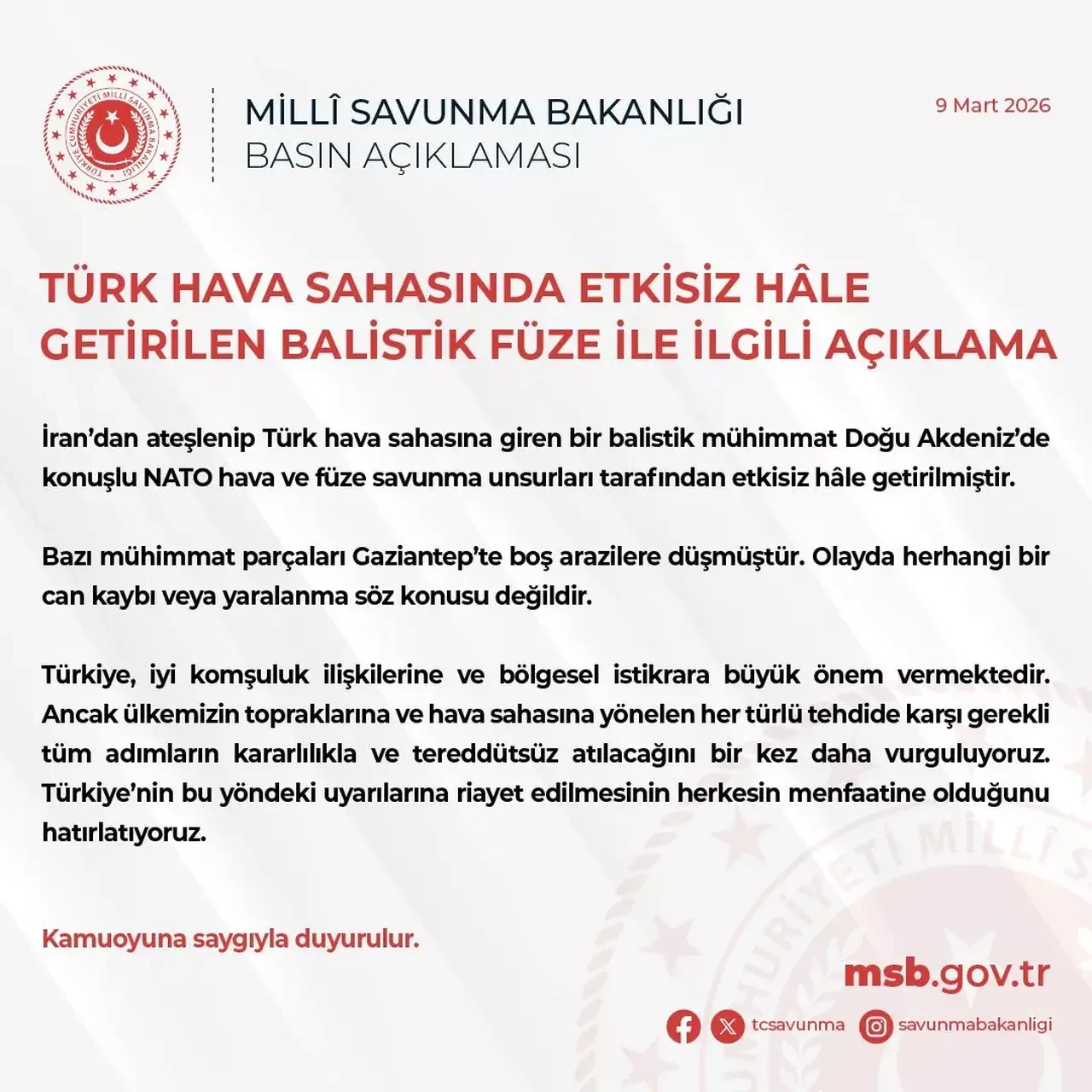 MSB açıkladı: İran'dan atılan füze imha edildi! Parçalar bu kez Gaziantep'e düştü