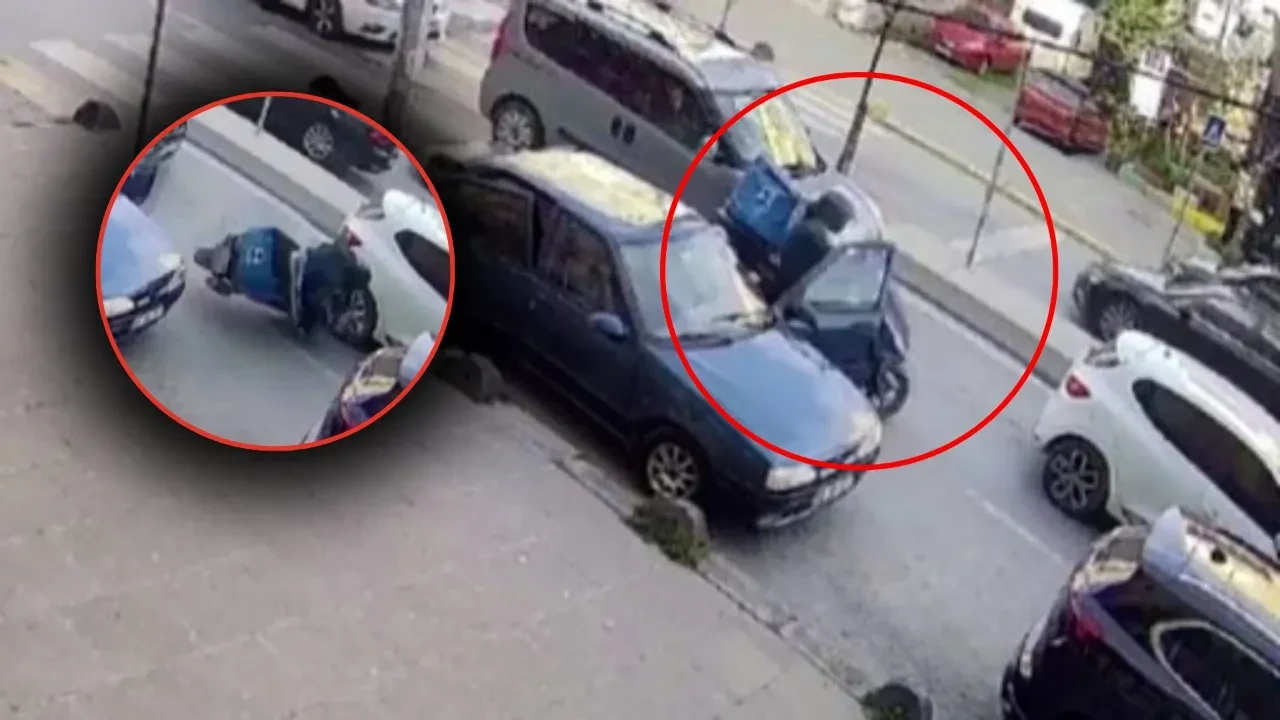 Park halindeki araç kapısını açtı, kurye çarpıp yere savruldu! O anlar güvenlik kamerasına yansıdı