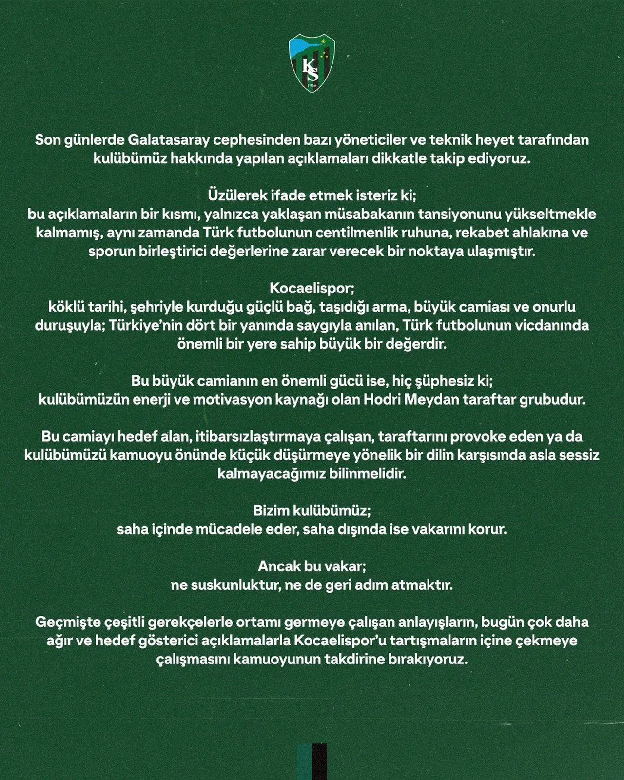 Kocaelispor'dan Galatasaray'a sert cevap: "Boyun eğmeyiz!"