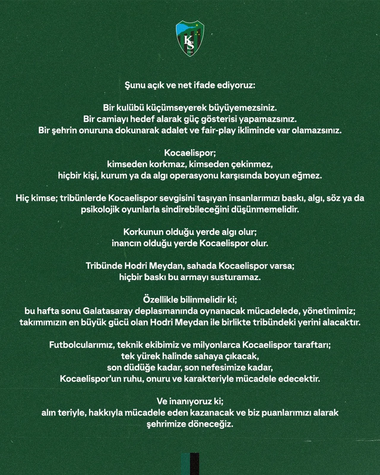 Kocaelispor'dan Galatasaray'a sert cevap: "Boyun eğmeyiz!"