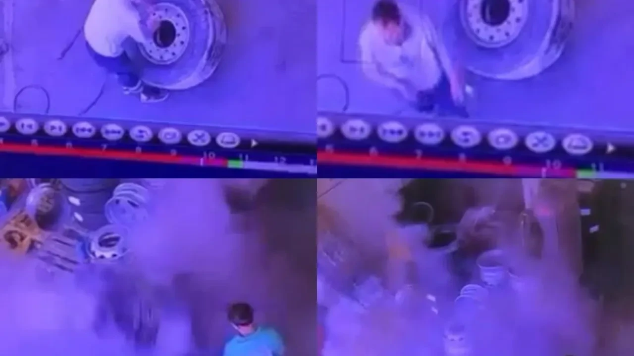 Kamyon lastiği şişirilirken bomba gibi patladı